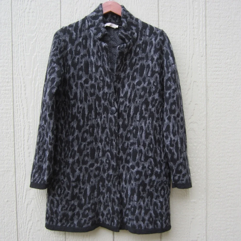 Womens Cardigan size S Wool Blend Long‎  Black/Grey Leopard 1 Button cozy  Italy